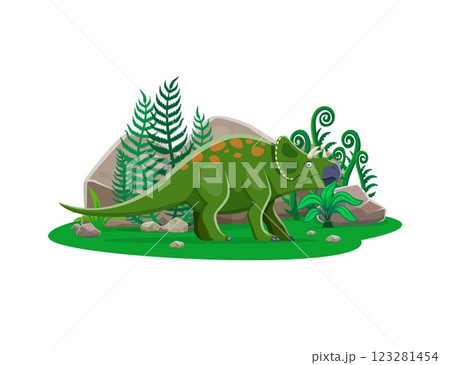 Avaceratops prehistoric dinosaur. Isolated cartoon vector herbivorous dino character with green spotted skin and horns, stands at Late Cretaceous landscape with rocks, bushes and lush ferns on field Avaceratops prehistoric dinosaur. Isolated cartoon vector herbivorous dino character with green spotted skin and horns, stands at Late Cretaceous landscape with rocks, bushes and lush ferns on field 123281454