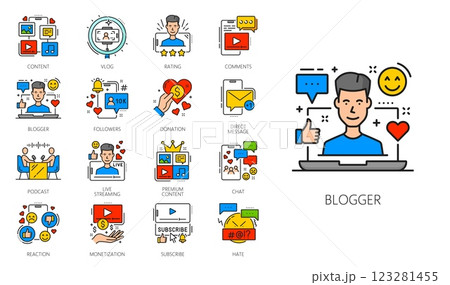 Blogging, social media content color line icons set. Online blogging linear vector symbols, web blogging content outline icons. Social media rating, followers and live streaming, podcast, vlog icons Blogging, social media content color line icons set. Online blogging linear vector symbols, web blogging content outline icons. Social media rating, followers and live streaming, podcast, vlog icons 123281455