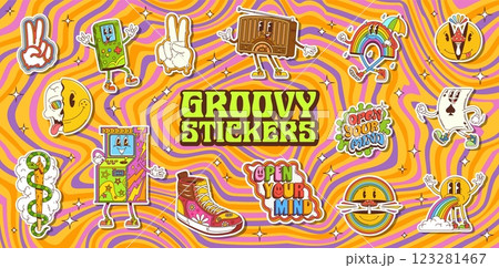 Retro hippie groovy stickers pack with retro 70s aesthetic and vintage vibe, featuring psychedelic patterns and playful cartoon characters like rainbow, arcade machine, old school radio and peace sign Retro hippie groovy stickers pack with retro 70s aesthetic and vintage vibe, featuring psychedelic patterns and playful cartoon characters like rainbow, arcade machine, old school radio and peace sign 123281467