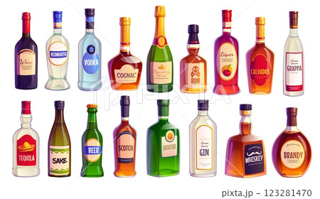 Cartoon alcohol bottles of liquor and wine drinks or bar beverages, vector icons. Champagne and whiskey or scotch and brandy with rum and tequila, absinthe and vodka with grappa alcohol drink bottles 123281470