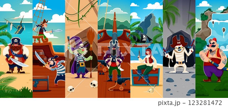 Cartoon pirate and corsair characters collage, vector Halloween holiday and piracy. Funny captain, sailor and skipper of pirate ship, witch corsair and mummy filibuster characters with hats and guns Cartoon pirate and corsair characters collage, vector Halloween holiday and piracy. Funny captain, sailor and skipper of pirate ship, witch corsair and mummy filibuster characters with hats and guns 123281472
