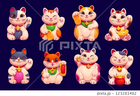 Cartoon lucky japanese maneki neko cats characters, money and fortune vector symbols. Cute kawaii maneki neko with koban coin, fish or gold pot waving paw. Oriental traditional white cat talismans 123281482
