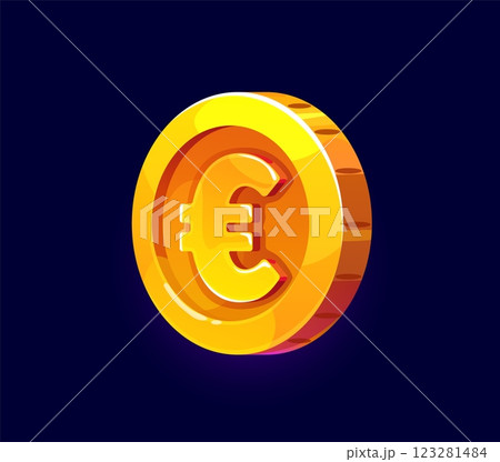 Golden Euro coin, game asset icon or bonus trophy award and reward prize, cartoon vector. Gold coin of Euro shiny glowing for casino or poker game asset and jackpot award bonus reward for game winner 123281484
