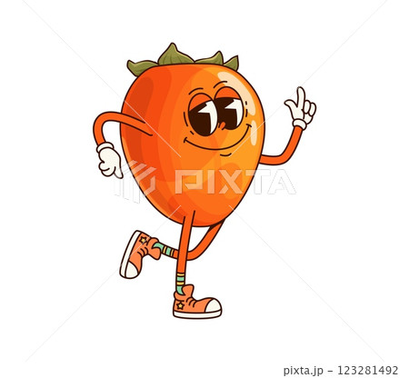 Groovy tropical persimmon fruit character. Isolated cartoon vector ripe fruit personage wearing sneakers, exudes cheerful, retro, funky vibe with a big, cheeky smile, orange sneakers and disco moves Groovy tropical persimmon fruit character. Isolated cartoon vector ripe fruit personage wearing sneakers, exudes cheerful, retro, funky vibe with a big, cheeky smile, orange sneakers and disco moves 123281492