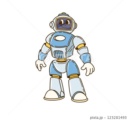 Groovy robot character or retro cartoon transformer droid with funny face, vector comic. Groovy retro robot or space android and cyborg bot with helmet head and display face with happy funny smile 123281493