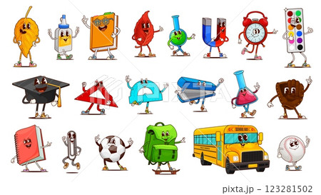 School and education groovy characters of cartoon funny school supplies and stationery. Retro hippie student book, bag, rulers and paint vector personages. Happy groovy graduation hat, ball, tube, bus 123281502