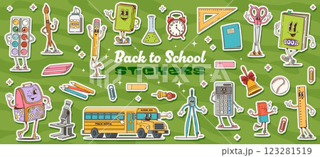 Groovy school education characters stickers pack. Retro hippie back to school stationery and supplies vector personages. Cartoon groovy book, pencils, ruler and scissors, paint, student bag and bus Groovy school education characters stickers pack. Retro hippie back to school stationery and supplies vector personages. Cartoon groovy book, pencils, ruler and scissors, paint, student bag and bus 123281519