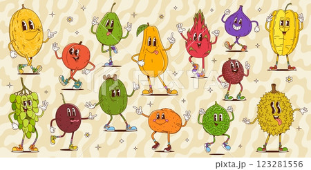 Cartoon retro groovy fruit characters with funny faces, vector comic emoji. Groovy melon with cute smile and funky papaya with tongue out silly emotion, durian and psychedelic lychee fruit character Cartoon retro groovy fruit characters with funny faces, vector comic emoji. Groovy melon with cute smile and funky papaya with tongue out silly emotion, durian and psychedelic lychee fruit character 123281556