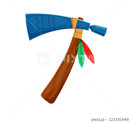 Math number seven as traditional western Native American tomahawk axe with a wooden handle, ornate blade and colorful feathers. Cartoon numeral 7 as tribal or native weapon from the wild west culture 123281649