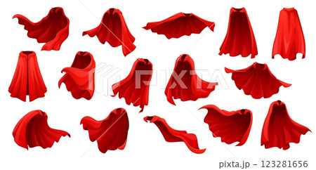 Red magic carnival mantle, superhero cape and hero coat cloak. Vector set of cartoon crimson colored defender drapery or costume billow behind, embodying power, heroism, mystery, courage and adventure 123281656