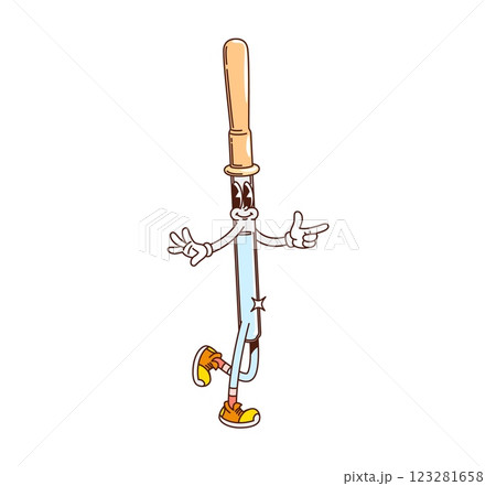 Cartoon groovy pipette medicine and health character struts confidently in sneakers evokes a sense of wellness and positivity. Vector medical tool personage with cheerful face, flashing finger guns 123281658