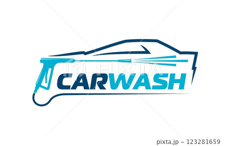 Car washing service icon featuring a blue pressure washer spraying water over a stylized car outline with an integrated bold carwash text, emphasizing cleanliness, professionalism and modern service 123281659