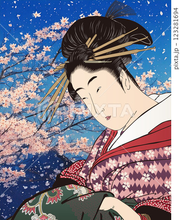 桜と着物の女性 のイラスト素材 [123281694] - PIXTA