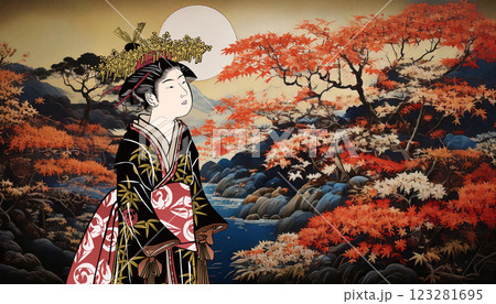 紅葉と和服の少女 紅葉と和服の少女 123281695