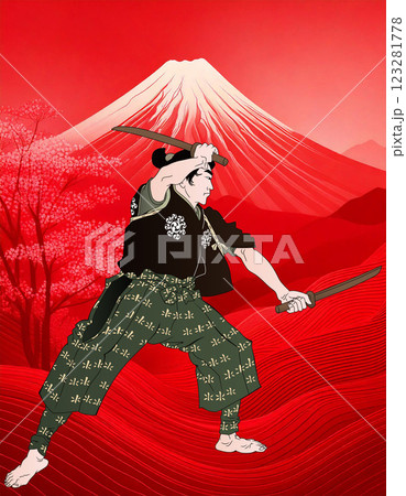 赤い富士山と宮本武蔵	 123281778