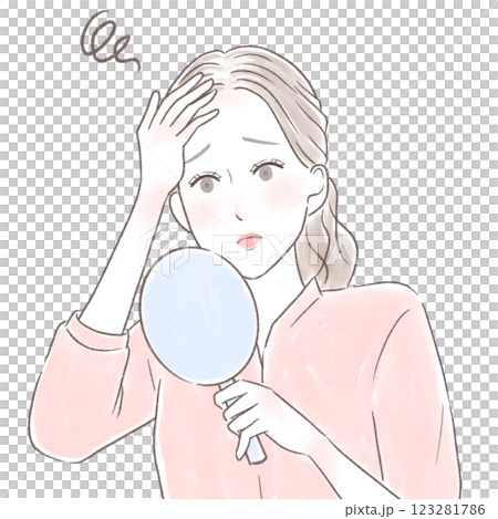 手鏡を見て髪の生え際の白髪が気になる女性 手鏡を見て髪の生え際の白髪が気になる女性 123281786