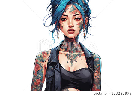 白バックにたくさんの刺青が入ったセクシーな若い女性のイラスト 白バックにたくさんの刺青が入ったセクシーな若い女性のイラスト 123282975