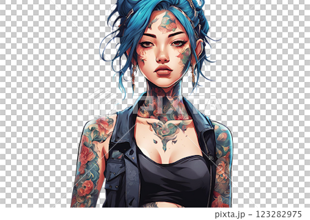 白バックにたくさんの刺青が入ったセクシーな若い女性のイラスト 白バックにたくさんの刺青が入ったセクシーな若い女性のイラスト 123282975