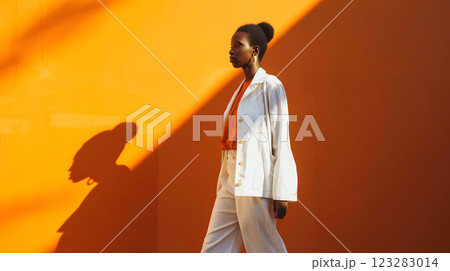 Woman confidently walks by colorful wall with chic elegance 123283014