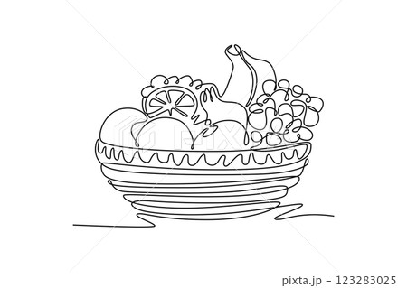 Single continuous line drawing full wicker basket containing orange, grapes, apple, pineapple and banana. Hampers parcel filled with vitamin C. Dynamic one line draw graphic design vector illustration 123283025