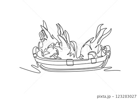 Single continuous line drawing wicker basket with full of fresh dragon fruit for market logo icon. Healthy food contains vitamins for body fit. Dynamic one line draw graphic design vector illustration 123283027