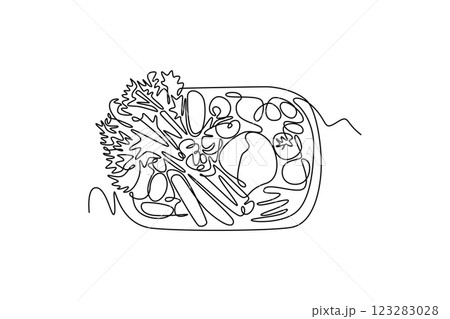Single continuous line drawing top view wicker basket with full of raw vegetables for groceries logo. Harvest result from agriculture process. Dynamic one line draw graphic design vector illustration 123283028