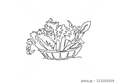 Single one line drawing wicker basket with full of raw vegetables for harvest logo icon. Balance of food ingredients for healthy cooking. Modern continuous line draw design graphic vector illustration Single one line drawing wicker basket with full of raw vegetables for harvest logo icon. Balance of food ingredients for healthy cooking. Modern continuous line draw design graphic vector illustration 123283029