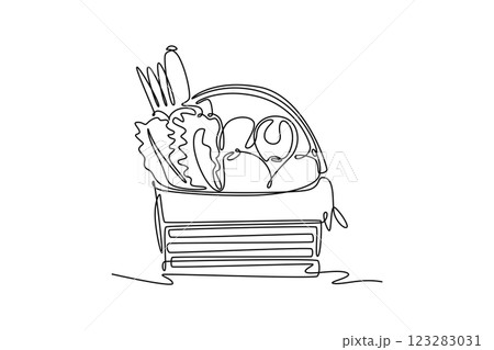 Single one line drawing wicker basket with full of organic vegetables for harvest or groceries logo. Healthy food contain vitamin for body fit. Continuous line draw design graphic vector illustration 123283031