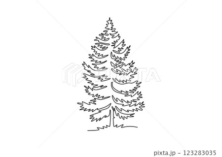 Single one line drawing beauty and exotic pine tree for home decor wall art poster. Decorative tall conifer pinus plant for national park logo. Continuous line draw design graphic vector illustration Single one line drawing beauty and exotic pine tree for home decor wall art poster. Decorative tall conifer pinus plant for national park logo. Continuous line draw design graphic vector illustration 123283035