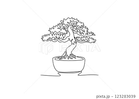 Continuous one line drawing old beauty and charming exotic tiny bonsai tree logo. Decorative potted bend plant for greeting post card plant edition. Single line draw design vector graphic illustration 123283039