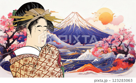 富士山と和服女性 富士山と和服女性 123283063