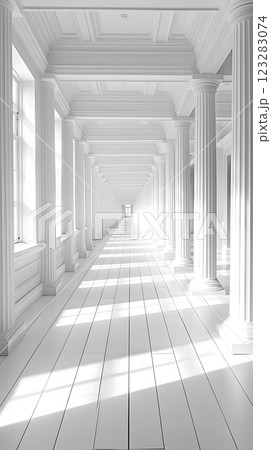 Symmetrical hallway in a building with columns, windows, and monochrome art Symmetrical hallway in a building with columns, windows, and monochrome art 123283074