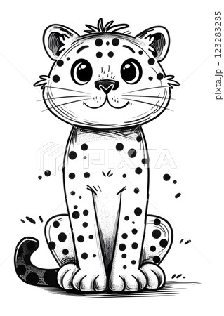 Monochrome cartoon illustration of a cheetah sitting down 123283285