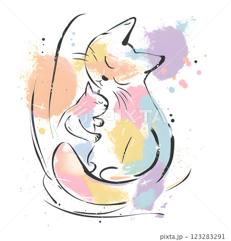 Art of cat family, playing with colorful strokes on pastel background Art of cat family, playing with colorful strokes on pastel background 123283291