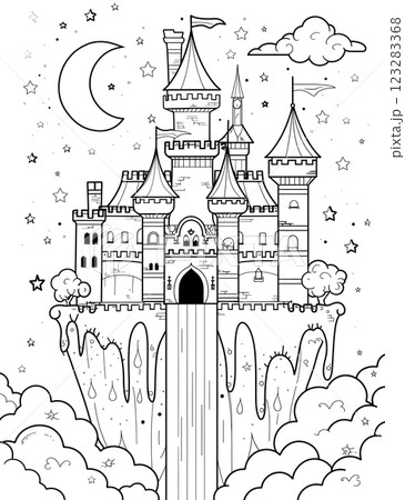 Monochrome drawing of an airborne castle with intricate Gothic details Monochrome drawing of an airborne castle with intricate Gothic details 123283368