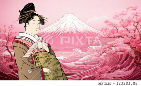 ピンクの富士山と和服美人 ピンクの富士山と和服美人 123283388