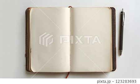 Rectangle tray with pen, open notebook, on white surface Rectangle tray with pen, open notebook, on white surface 123283693