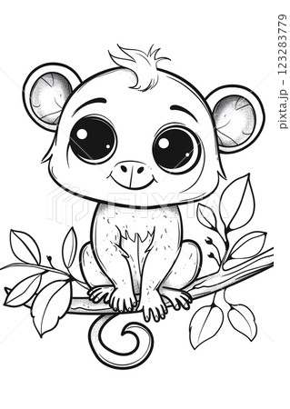 A cartoon mammal organism, with a happy gesture, sitting on a tree branch 123283779