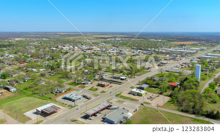 Expansive aerial view small town layout, featuring houses, roads, surrounding greenery on American small town 123283804