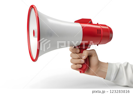 A hand holds a red and white megaphone, resembling a brass wind instrument 123283816