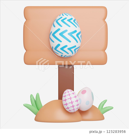 Easter Egg Display on Board sign with Spring Flowers, Easter Egg icons. 3D Illustration Easter festive. 123283956
