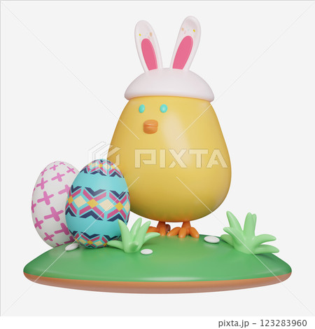 Cute Easter Chick Wearing Bunny Ears with Eggs, Easter Egg icons. 3D Illustration Easter festive. 123283960