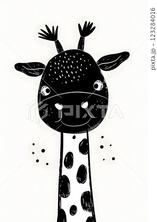 Cartoon giraffe with polka dot pattern on neck, in child art style 123284016