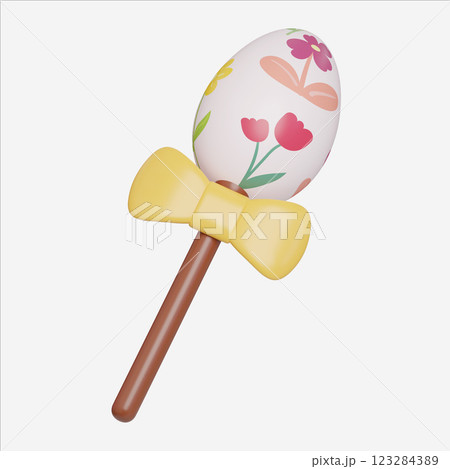 Easter Egg Lollipop with Yellow Bow Decoration, Easter Egg wand with Colorful Bows, Easter Egg icons. 3D Illustration Easter festive. 123284389