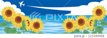 バナー　夏　向日葵　ひまわり　飛行機　海　空　フレーム　背景　デザイン　テンプレート　イラスト素材 123284408