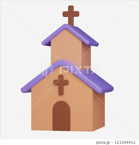 Easter Themed Church Building Illustration, Easter Egg icons. 3D Illustration Easter festive. 123284412