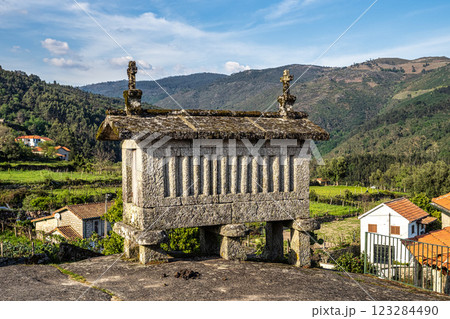The communitarian granaries, called espigueiros, in the village of Soajo, Peneda National Park, Northern Portugal 123284490