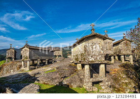 The communitarian granaries, called espigueiros, in the village of Soajo, Peneda National Park, Northern Portugal 123284491