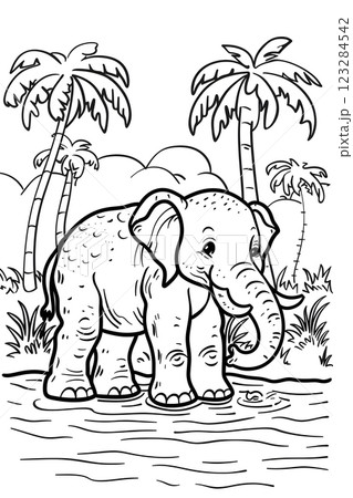 Elephant in water with palm trees Ecoregion setting Elephant in water with palm trees Ecoregion setting 123284542
