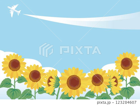 フレーム　バナー　夏　向日葵　ひまわり　飛行機　海　空　背景　デザイン　テンプレート　イラスト素材 123284607